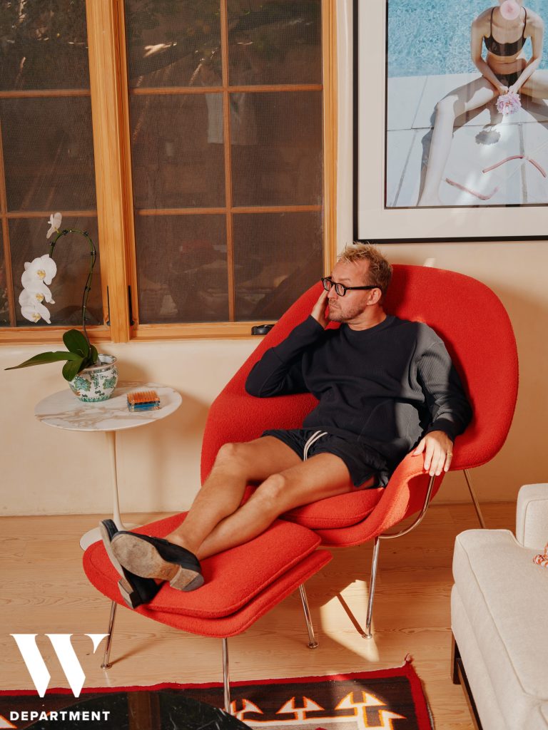 Christopher Webster wearing his Rick Owens Minimal Boxer and the Nicholas Daley Waffle Crew Neck at home 