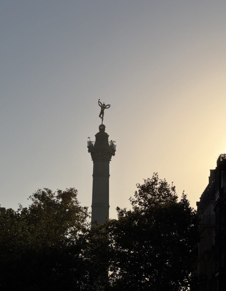 The July Column at Place de la Bastille, its gilded winged figure silhouetted against a pale evening sky above dark trees.